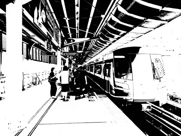 Krajobraz Nieba Dworzec Kolejowy Mieście Czarno Biały Ilustracja — Zdjęcie stockowe
