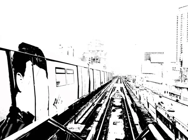 城市中天空火车站的景观黑白照片 — 图库照片