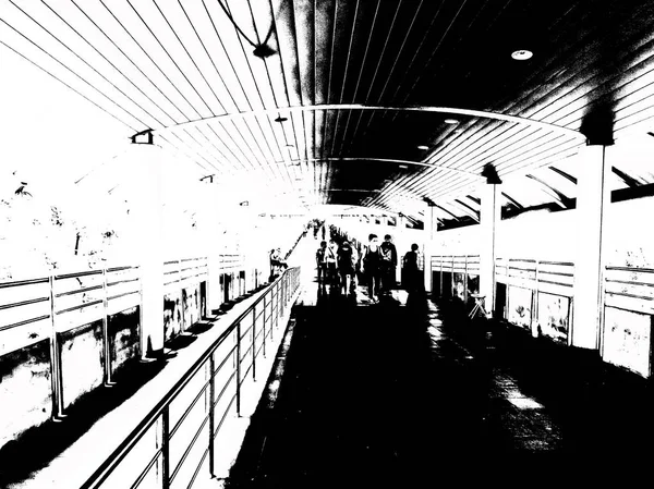 Het Landschap Van Lucht Trein Station Stad Zwart Wit Illustratie — Stockfoto