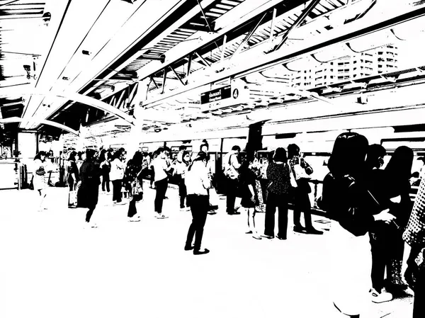Краєвид Неба Залізнична Станція Місті Чорно Біла Ілюстрація — стокове фото