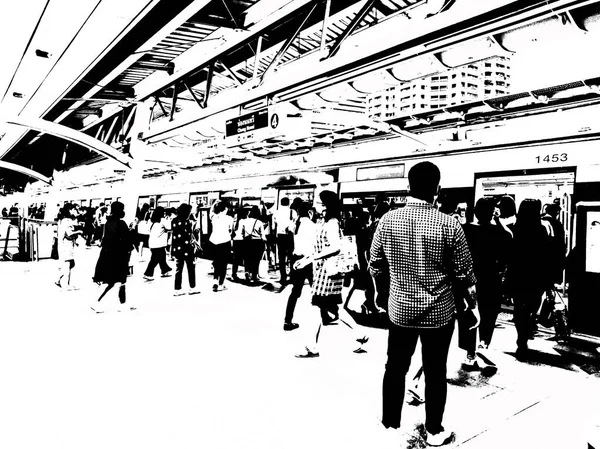 Paisagem Estação Ferroviária Céu Cidade Ilustração Preto Branco — Fotografia de Stock