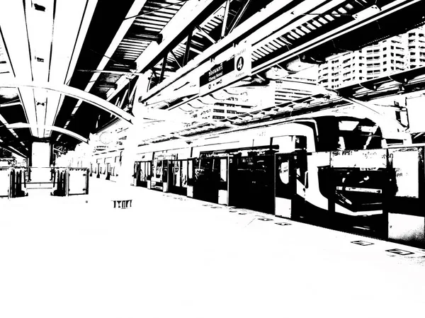 Landskapet Himlen Tågstationen Staden Svart Och Vitt Illustration — Stockfoto