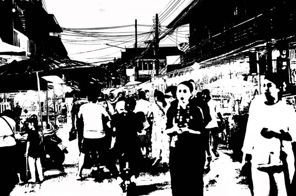 Landscape of commercial districts and markets of the city center in the provinces of Thailand black and white illustration.