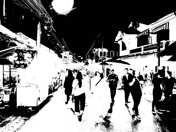 Landscape of commercial districts and markets of the city center in the provinces of Thailand black and white illustration.