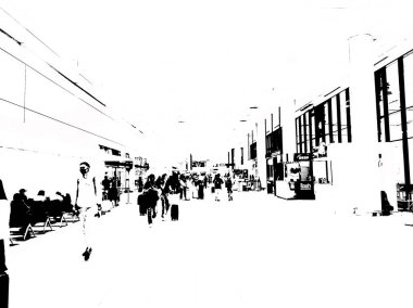 Havaalanı terminalinin manzarası siyah-beyaz.