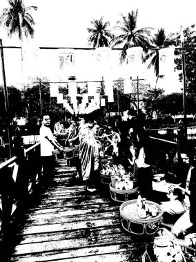 Turistler, Tayland 'da sabah keşişlerle etkinlik yapmayı hak ediyorlar. Siyah beyaz illüstrasyon..