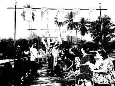 Turistler, Tayland 'da sabah keşişlerle etkinlik yapmayı hak ediyorlar. Siyah beyaz illüstrasyon..