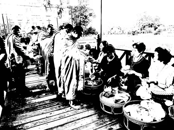 Touristen Machen Morgendliche Aktivitäten Mit Mönchen Thailand Schwarz Weiß Illustration — Stockfoto