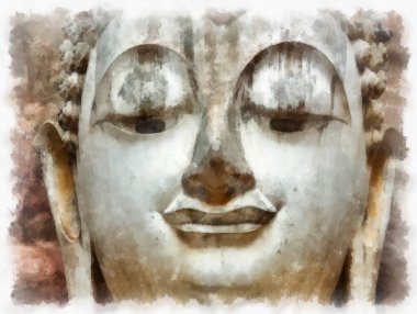 Sukhothai 'deki Antik Kalıntılar Dünya Mirası Site suluboya resim çizimi izlenimcisi.