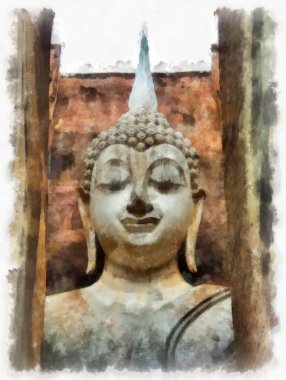 Sukhothai 'deki Antik Kalıntılar Dünya Mirası Site suluboya resim çizimi izlenimcisi.