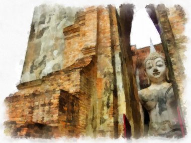 Sukhothai 'deki Antik Kalıntılar Dünya Mirası Site suluboya resim çizimi izlenimcisi.