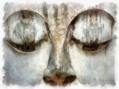 Sukhothai 'deki Antik Kalıntılar Dünya Mirası Site suluboya resim çizimi izlenimcisi.