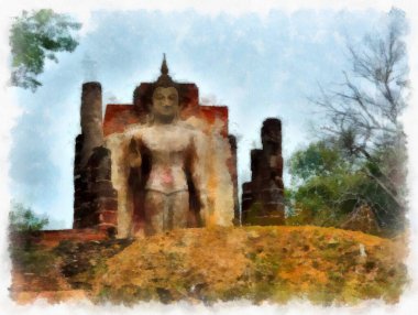 Sukhothai 'deki Antik Kalıntılar Dünya Mirası Site suluboya resim çizimi izlenimcisi.