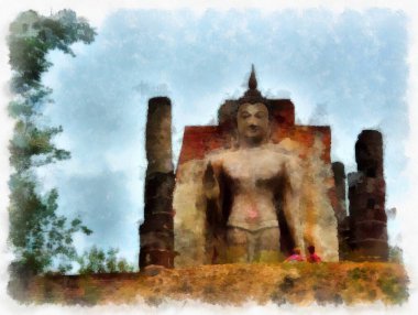 Sukhothai 'deki Antik Kalıntılar Dünya Mirası Site suluboya resim çizimi izlenimcisi.