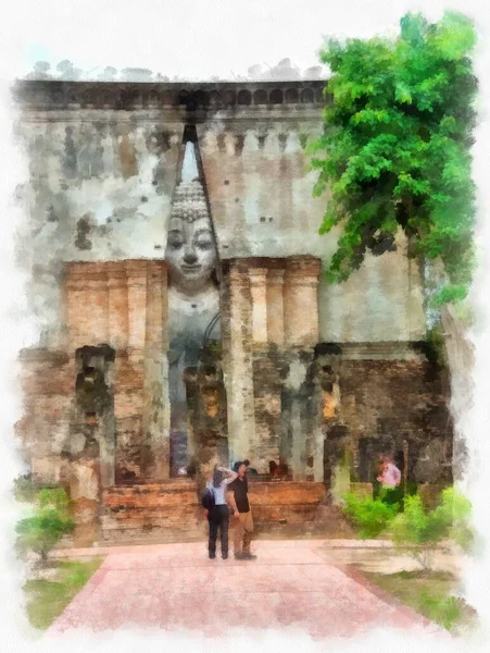 Ruines Antiques Sukhothai Site Patrimoine Mondial Aquarelle Illustration Style Peinture — Photo