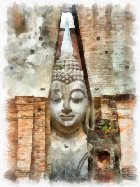 Antike Ruinen Sukhothai Welterbe Aquarell Stil Illustration Impressionistische Malerei — Stockfoto