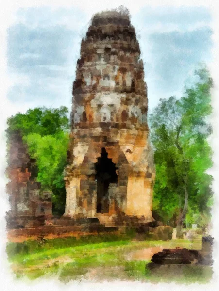 Antike Ruinen Sukhothai Welterbe Aquarell Stil Illustration Impressionistische Malerei — Stockfoto