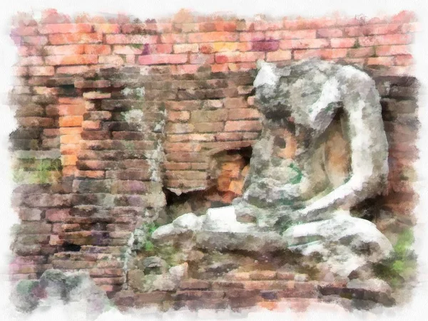 Ruinas Antiguas Sukhothai Patrimonio Humanidad Acuarela Estilo Ilustración Pintura Impresionista — Foto de Stock