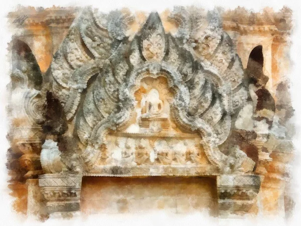 Rovine Antiche Sukhothai Patrimonio Dell Umanità Acquerello Stile Illustrazione Impressionista — Foto Stock