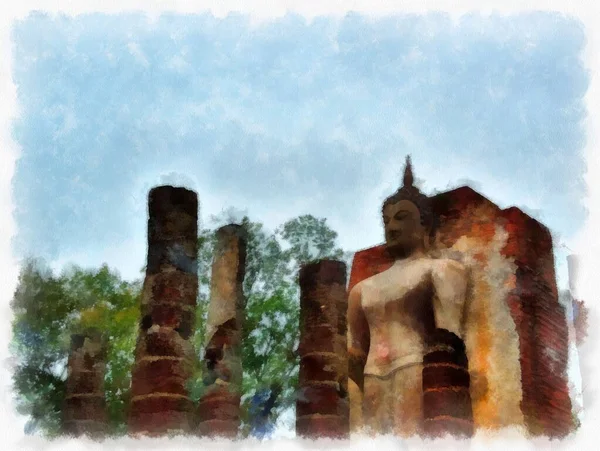 Forntida Ruiner Sukhothai Världsarv Webbplats Akvarell Stil Illustration Impressionist Målning — Stockfoto