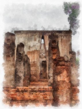 Sukhothai 'deki Antik Kalıntılar Dünya Mirası Site suluboya resim çizimi izlenimcisi.