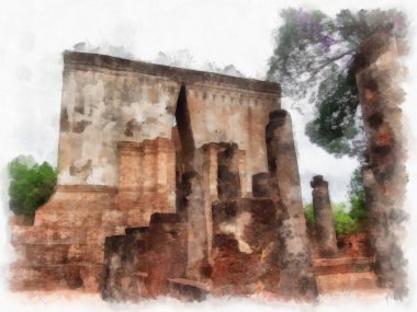 Sukhothai 'deki Antik Kalıntılar Dünya Mirası Site suluboya resim çizimi izlenimcisi.