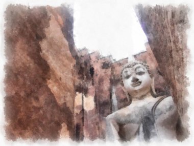 Sukhothai 'deki Antik Kalıntılar Dünya Mirası Site suluboya resim çizimi izlenimcisi.