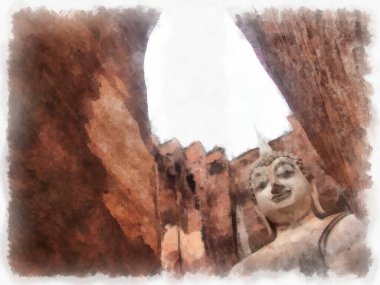 Sukhothai 'deki Antik Kalıntılar Dünya Mirası Site suluboya resim çizimi izlenimcisi.