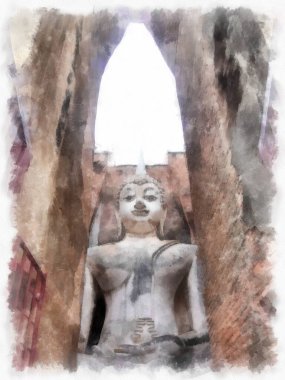 Sukhothai 'deki Antik Kalıntılar Dünya Mirası Site suluboya resim çizimi izlenimcisi.