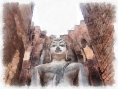 Sukhothai 'deki Antik Kalıntılar Dünya Mirası Site suluboya resim çizimi izlenimcisi.