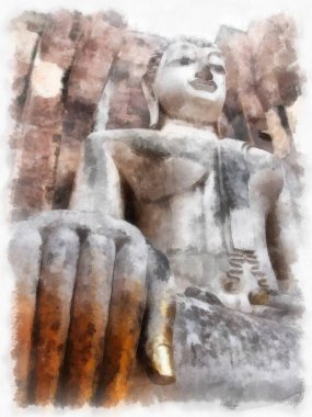 Sukhothai 'deki Antik Kalıntılar Dünya Mirası Site suluboya resim çizimi izlenimcisi.