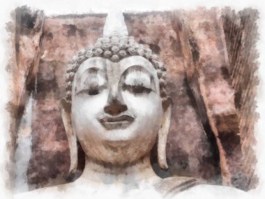 Sukhothai 'deki Antik Kalıntılar Dünya Mirası Site suluboya resim çizimi izlenimcisi.