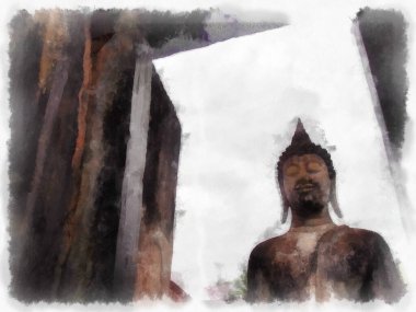 Sukhothai 'deki Antik Kalıntılar Dünya Mirası Site suluboya resim çizimi izlenimcisi.