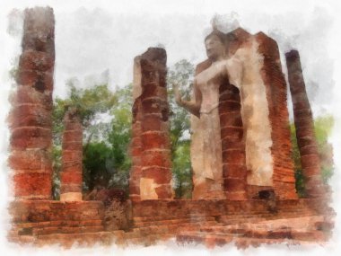 Sukhothai 'deki Antik Kalıntılar Dünya Mirası Site suluboya resim çizimi izlenimcisi.