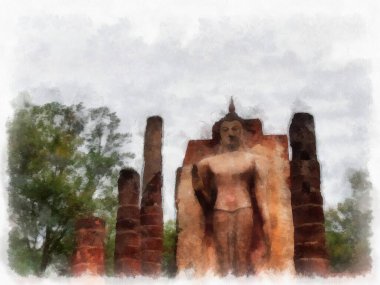 Sukhothai 'deki Antik Kalıntılar Dünya Mirası Site suluboya resim çizimi izlenimcisi.