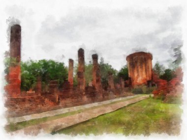 Sukhothai 'deki Antik Kalıntılar Dünya Mirası Site suluboya resim çizimi izlenimcisi.