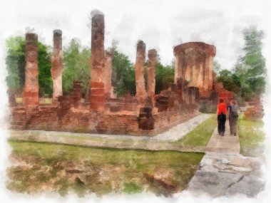 Sukhothai 'deki Antik Kalıntılar Dünya Mirası Site suluboya resim çizimi izlenimcisi.