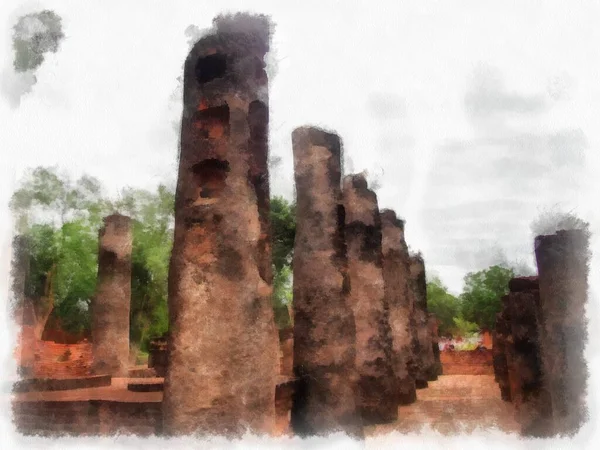 Starożytne Ruiny Sukhothai Światowego Dziedzictwa Unesco Akwarela Styl Ilustracji Impresjonistyczne — Zdjęcie stockowe