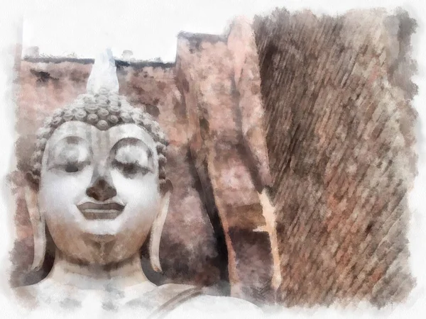Forntida Ruiner Sukhothai Världsarv Webbplats Akvarell Stil Illustration Impressionist Målning — Stockfoto