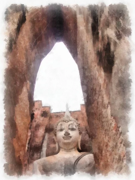 Antike Ruinen Sukhothai Welterbe Aquarell Stil Illustration Impressionistische Malerei — Stockfoto