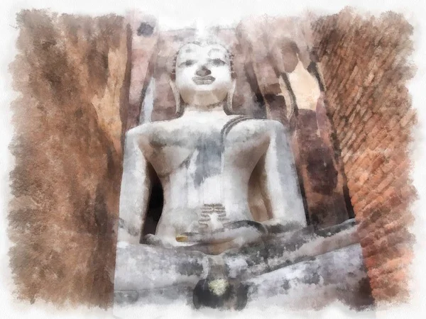 Ruínas Antigas Sukhothai Património Mundial Aquarela Estilo Ilustração Impressionista Pintura — Fotografia de Stock