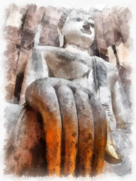 Ruines Antiques Sukhothai Site Patrimoine Mondial Aquarelle Illustration Style Peinture — Photo