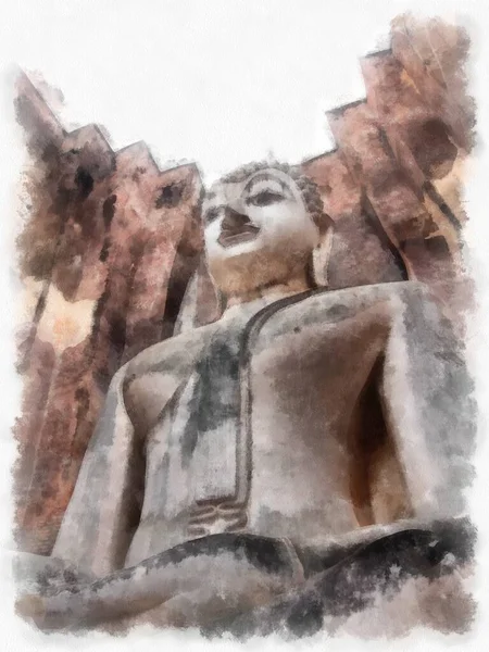 Sukhothai World Heritage Site Watercolor Style Impressionist Painting — 스톡 사진