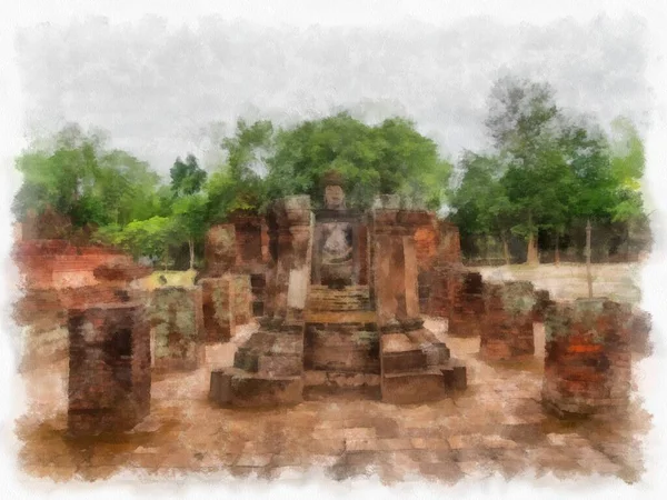 Ruinas Antiguas Sukhothai Patrimonio Humanidad Acuarela Estilo Ilustración Pintura Impresionista —  Fotos de Stock