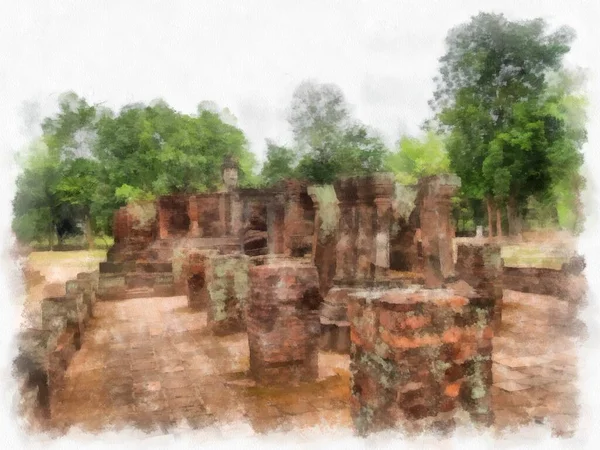 Starożytne Ruiny Sukhothai Światowego Dziedzictwa Unesco Akwarela Styl Ilustracji Impresjonistyczne — Zdjęcie stockowe