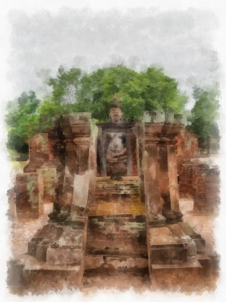 Ruines Antiques Sukhothai Site Patrimoine Mondial Aquarelle Illustration Style Peinture — Photo