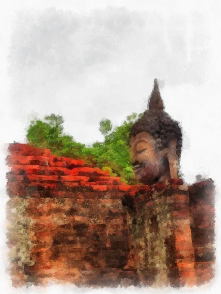 Sukhothai Deki Antik Kalıntılar Dünya Mirası Site Suluboya Resim Çizimi — Stok fotoğraf