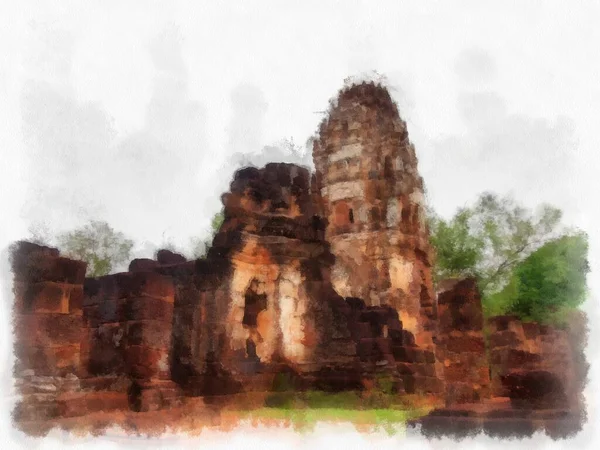 Ruínas Antigas Sukhothai Património Mundial Aquarela Estilo Ilustração Impressionista Pintura — Fotografia de Stock