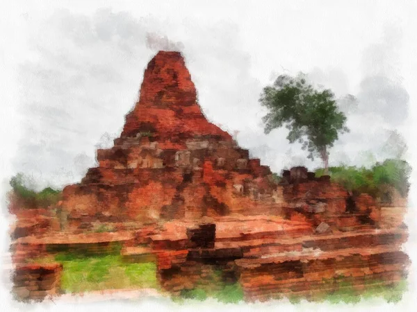 Ősi Romok Sukhothai Világörökség Része Akvarell Stílus Illusztráció Impresszionista Festmény — Stock Fotó