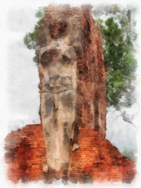 Ruínas Antigas Sukhothai Património Mundial Aquarela Estilo Ilustração Impressionista Pintura — Fotografia de Stock